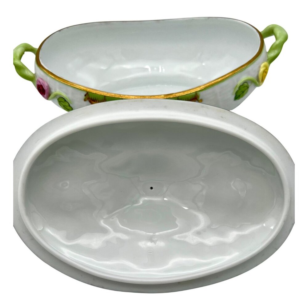 Herend Queen Victoria VBA Sugar Basin Candy Bon Bon Covered Dish Green Border - Picture 15 of 16